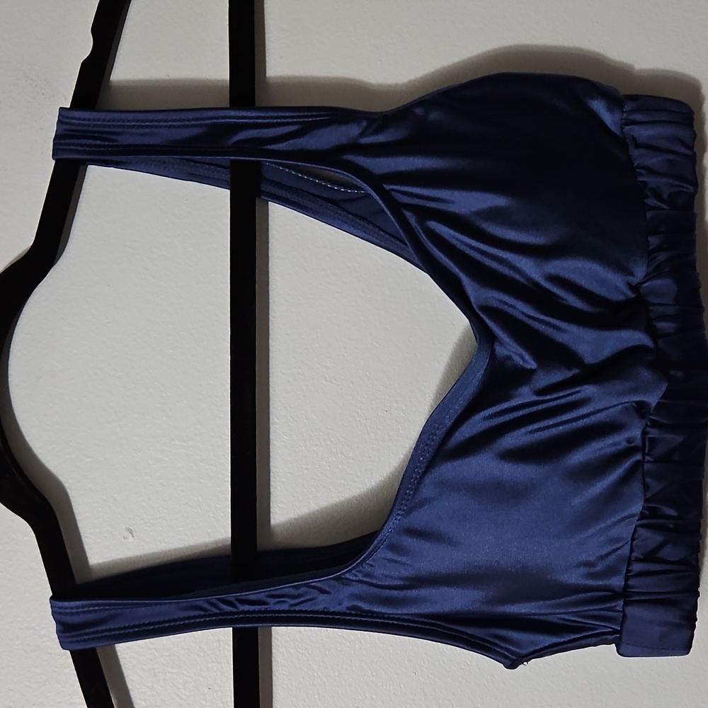 Sleek Blue Satin Stretch Crop Top Sports Bra With Removable Pads Size S